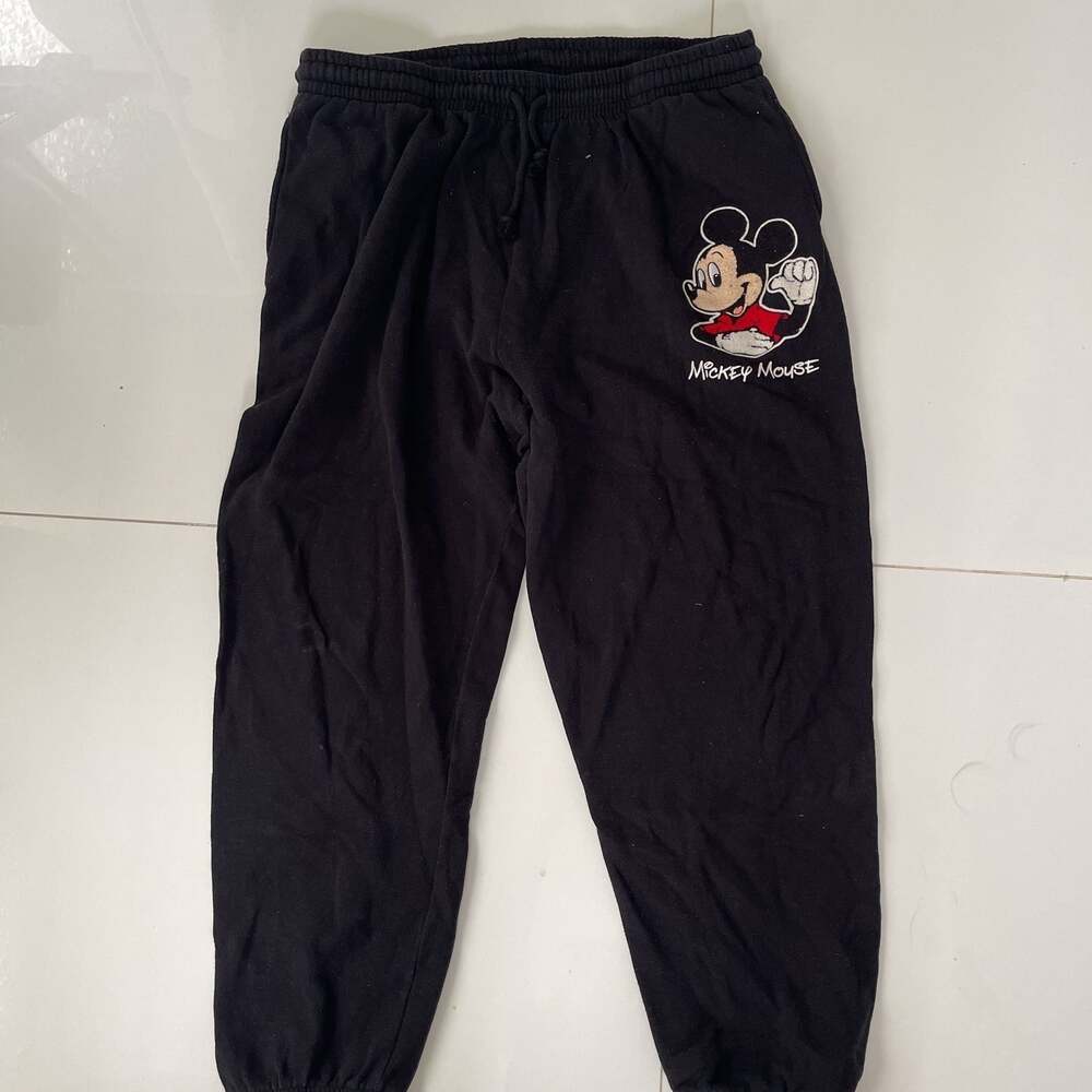 Mickey Mouse Cartoon Embroidered Black Sweatpants Drawstring Joggers